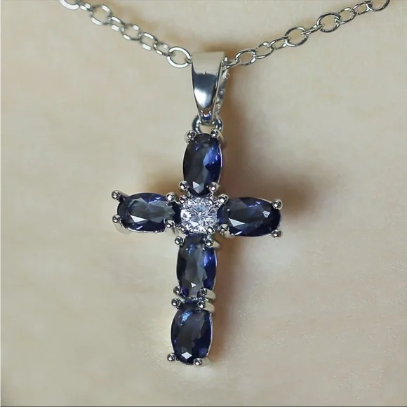 New Oval Royal Blue Sapphire Cross Necklace - Picture 3 of 4